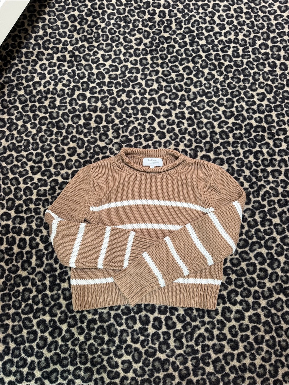 La Ligne Sandstone and White Striped Crewneck Sweater